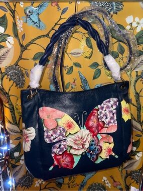 New Anuschkaq Butterfly Leather Navy Crossbody Shoulder Bag